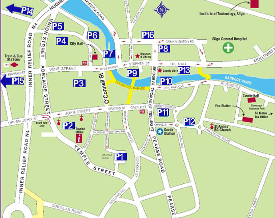 A map of the Parking Places in Sligo Town